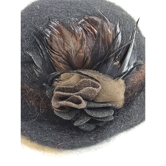 HAND-FELTED WOOL CLOCHE HAT with Feathers Wool Flower made in USA by Hat Hautees - Picture 10 of 10